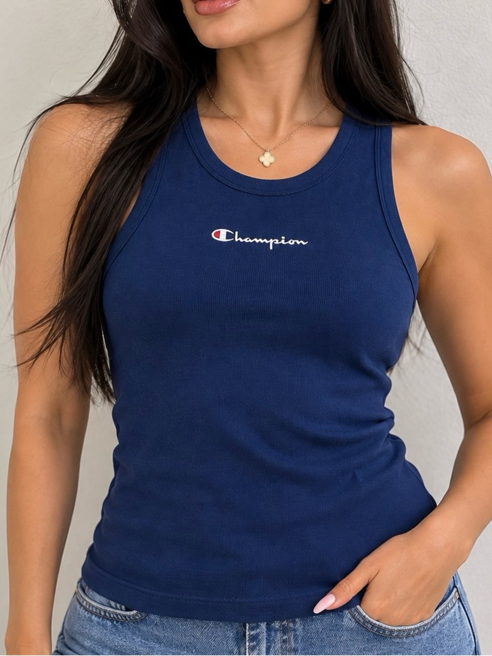 Champion Navy Ribbed Racer Tank with Center Logo